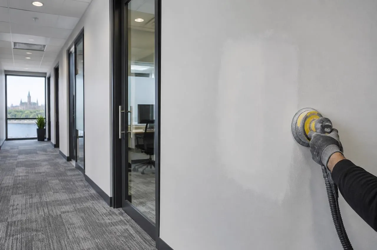 Sanding a repaired drywall wall in an Ottawa office corridor