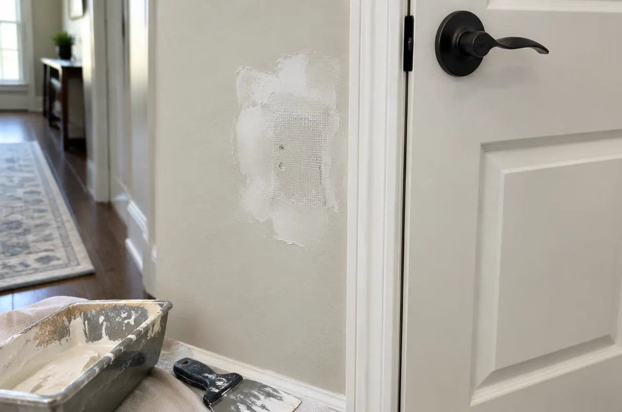 Door-handle hole in drywall patched with mesh and fresh joint compound