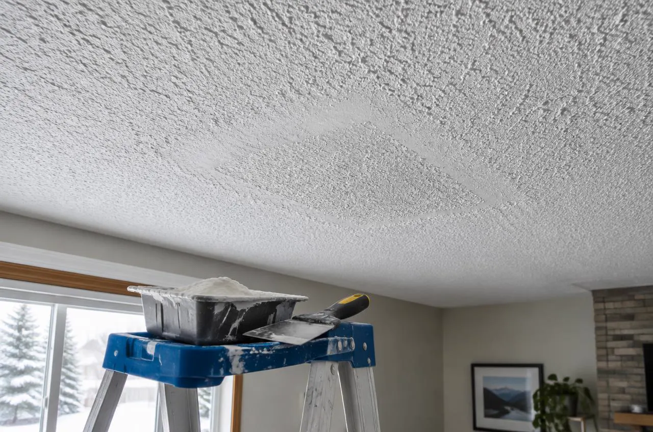 Repaired section of a stipple ceiling blended into the surrounding texture
